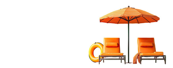 Beach lounge scene two chairs, umbrella, and ring