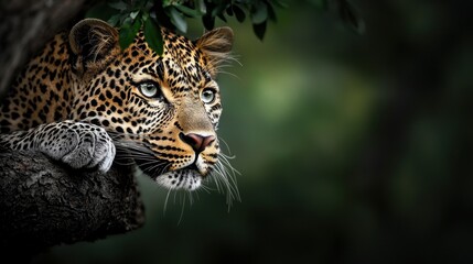 Fototapeta premium Close-up portrait of a leopard resting on a tree branch. the leopard is lying down with its head resting on the branch and its body stretched out to the side.