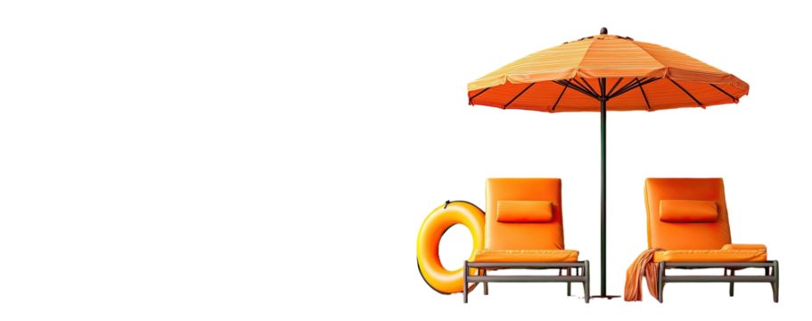 Beach lounge scene two chairs, umbrella, and ring