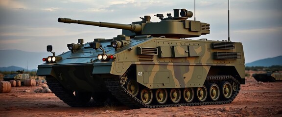 Modern armored infantry fighting vehicle on training ground, weapon system, maneuver