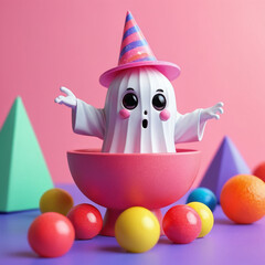 Fantasma stilizzato in 3D conico e adorabile che indossa un cappello da festa, seduto in una ciotola rosa circondata da caramelle gommose e forme geometriche.