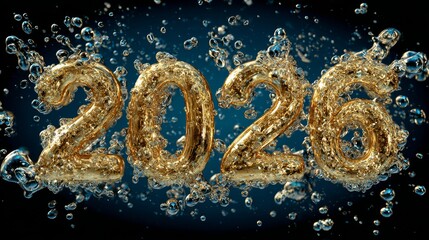 Golden 2026 text floating above champagne bubbles. Midnight blue background. Luxury celebration. New Year holiday