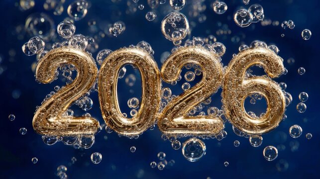 Golden 2026 text floating above champagne bubbles. Midnight blue background. Luxury celebration. New Year holiday - Powered by Adobe