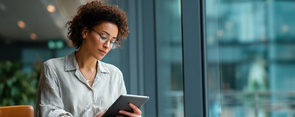A focused black businesswoman engages with a tablet at her office desk, positioned near a window. The modern corporate setting offers ample copy space for text and design elements.