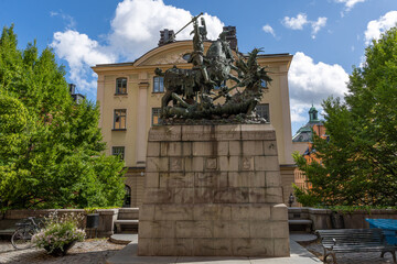Stockholm, Sweden - 08.05.2025: St. George and The Dragon Statue in Gamla Stan, Stockholm, Sweden