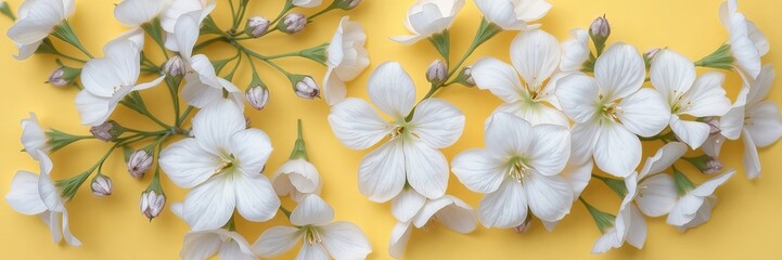 Obraz premium Elegant White Flowers and Buds on Vibrant Yellow Background, Delicate Floral Arrangement, Springtime Beauty, Freshness and Simplicity, Minimalist Floral Design