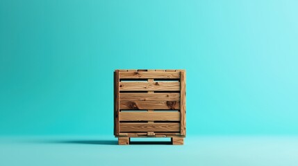 3d rendering of a wooden crate on a turquoise background. the crate is rectangular in shape and appears to be made of light-colored wood.