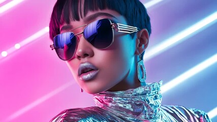 Stylish woman in chrome metallic fashion under neon lights, showcasing galactic and sci-fi inspired editorial look. - Powered by Adobe