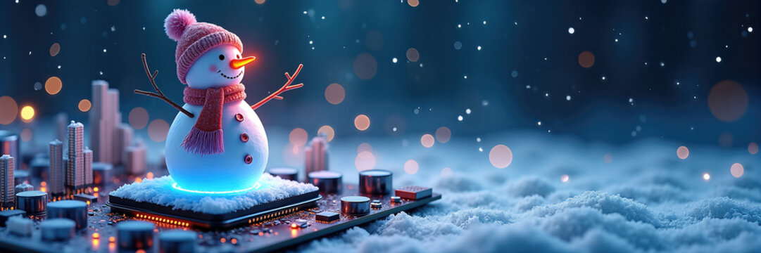 Snowman on motherboard surrounded by glowing circuits and auroras in winter landscape. Snowman stands on circuit board in a whimsical snowy scene. Ideal for Christmas or New Year themed decorations.