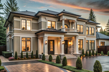 Fototapeta premium Luxurious Modern Mansion at Dusk with Warm Interior Lights