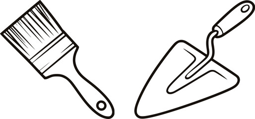 Black and white line drawing of a paintbrush and trowel tool