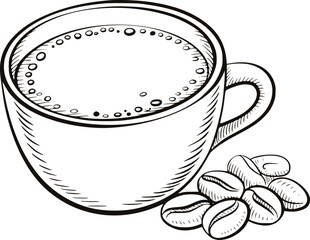 Black and white line drawing of a coffee cup and beans coffee beans beverage
