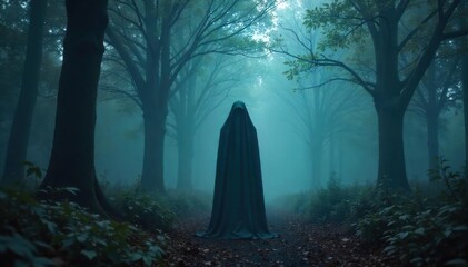 Veiled Figure in Misty Twilight Forest Serene and Enigmatic Landscape Photography