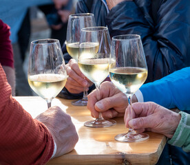 Group of people clinking glasses with white wine outdoors