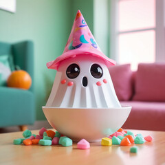 Fantasma stilizzato 3D, bianco e carino, con cappello da festa rosa, che emerge da una ciotola su un tavolo, circondato da caramelle colorate.