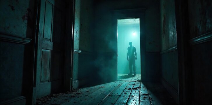Shadowy Figure in Abandoned House Creaking Floorboards and a Chilling Atmosphere Perfect for Horror Movie Posters, Marketing, and Thriller Projects