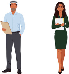 Business professionals, Middle Eastern man, corporate woman, office attire, cultural diversity, teamwork, formal clothing, workplace, international business, professional meeting