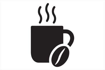 Hot coffee cup with coffee bean icon silhouette a white background
