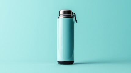 3d rendering of a light blue water bottle. the bottle is cylindrical in shape with a black lid and a silver cap. it is placed on a plain light blue background.
