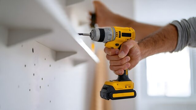 Close-up of a man's hands using a powerful yellow cordless drill to securely install white floating shelves during a modern home renovation project.