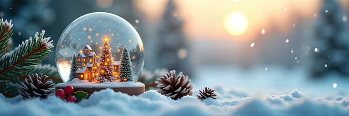 Festive snow globe with winter scene, cozy house nestled among fresh snow and pine cones. Dreamy winter atmosphere captures holiday spirit with twinkling lights inside snow globe.