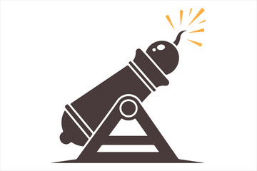 Cannon firing explosive projectile ready for action silhouette a white background