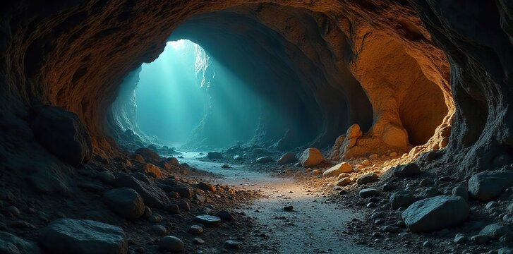 Ancient Artifacts and Geological Formations Unveiled in a Mysterious, Shadow-Dappled Cave - Powered by Adobe