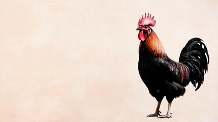 Digital illustration of a rooster standing on a plain beige background. the rooster is facing towards the right side of the image and its body is slightly turned to the left.