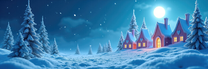 Magical winter wonderland scene with snow-covered trees and cozy cottage glowing under the moonlight. This enchanting winter landscape evokes a sense of holiday charm and warmth,