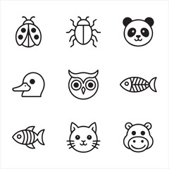 Cute animal icons in simple outline style silhouette a white background