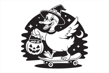 Halloween duck rides skateboard trick-or-treating silhouette a white background