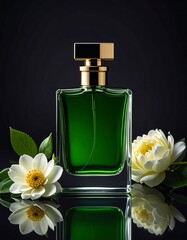 Elegant Green Perfume Bottle with White Flowers on Reflective Surface.