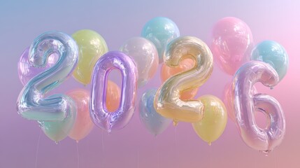 Party balloons forming 2026 numbers floating against gradient background. Pastel colors. New Year holiday background