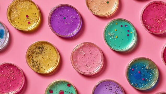 A vibrant assortment of petri dishes filled with diverse bacteria and microorganisms rests against a soft pink background, showcasing the beauty of microbial life in striking detail.