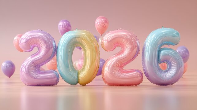 Party balloons forming 2026 numbers floating against gradient background. Pastel colors. New Year holiday background
