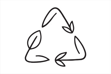 Hand drawn recycle symbol with leaves icon silhouette a white background