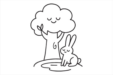 Cute bunny and tree outline drawing silhouette a white background