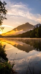 Golden Sunrise Over Mountain Lake
