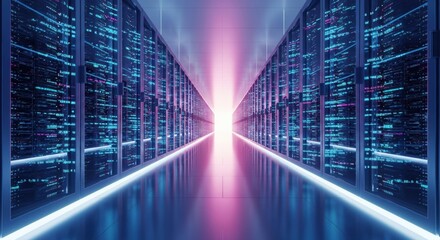 Modern data center with vibrant neon lights offers a futuristic view of server racks for cloud computing and secure data storage solutions now