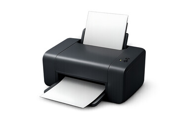 Black desktop printer with paper in tray and output slot computer office isolated on a transparent background