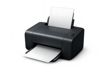 Black desktop printer with paper in tray and output slot computer office isolated on a transparent background