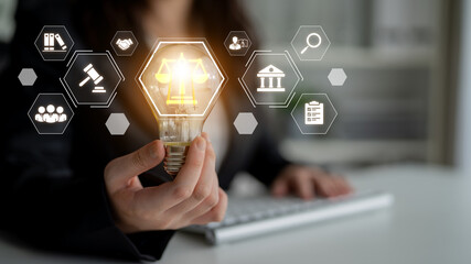 Concept of corporate legal services. Providing advice and ensuring compliance with laws and regulations through contracts, research, and representation in matters of justice. Fermion