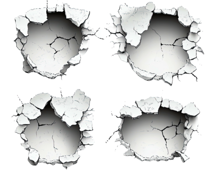 Four fragmented, cracked, circular holes in a light gray surface