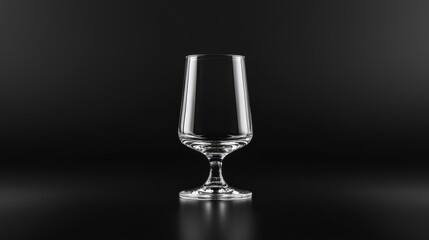 Black and white photograph of a wine glass. the glass is empty and is standing upright on a black surface. it appears to be made of clear glass and has a long stem and a round base.