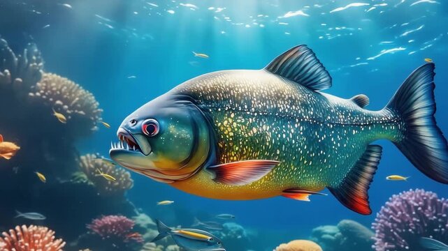 Close-up of predatory fish with sharp teeth underwater, piranha