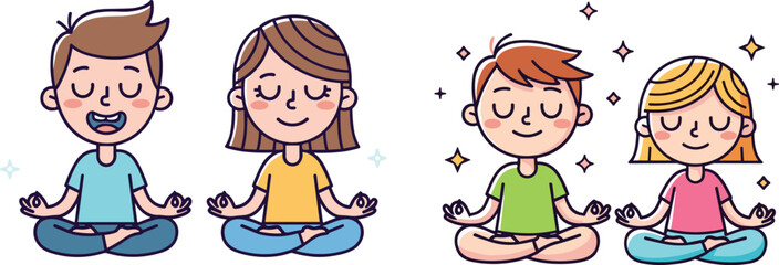 children, meditation, yoga, mindfulness, calm, relax, wellness, health, peace, boy, girl, cartoon, illustration, vector, design, creative, element, activity, balance, harmony