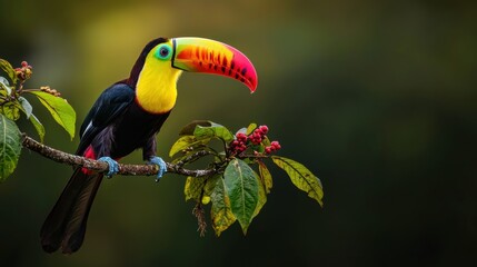 Obraz premium Close-up of a colorful toucan perched on a branch. the toucan has a bright yellow beak with a red tip and a black body. its wings are black and its tail feathers are blue.