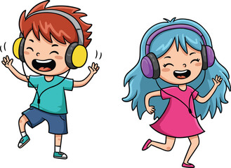 children, music, dance, headphones, fun, joy, play, activity, sound, rhythm, boy, girl, cartoon, illustration, vector, design, creative, element, entertainment, happiness, motion
