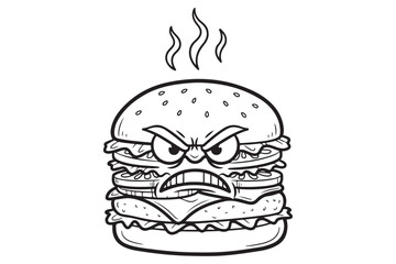 Angry burger cartoon character hot food silhouette a white background