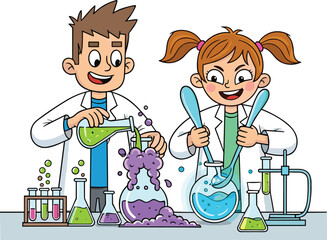 children, science, experiment, chemistry, lab, test, tube, beaker, flask, reaction, study, education, boy, girl, cartoon, illustration, vector, design, creative, element, discovery